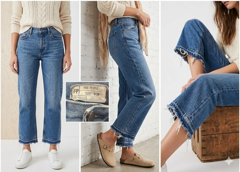 Free People Straight Leg Jeans Raw Hem Blue Distressed Fishermancore Boho Sz 28